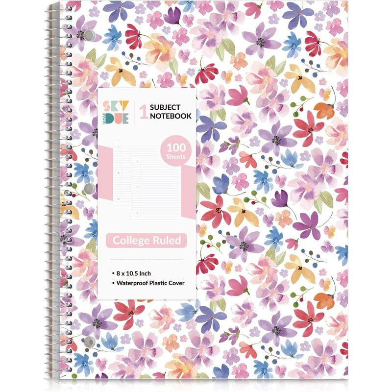8"x10.5" Spiral Notebook - College Ruled 100 Sheets, 1 Subject Notebook for School & Office, 3-Hole Punched Paper, Floral Design