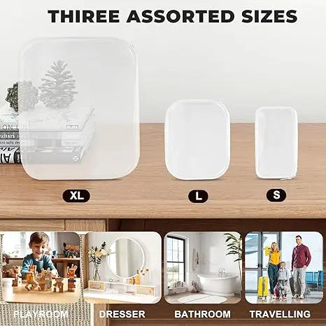 3-Pack Compact Hard PVC Resists Wear Waterproof Hard Shell Double Zipper Pouch - Rounded Edges Safer, Stationery Kitchen Utensil Storage Organizer, Desk Clutter Tamed, Easy to Pack for Trips and Commutes