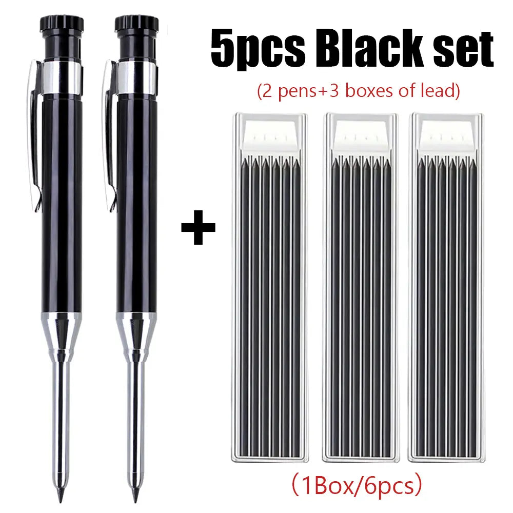 Aluminum 2.8 mm Woodworking, Construction and Drafting Pencil Set, Drawing Supplies, 2 Pens with 3 Lead Boxes, Break-Resistant and Durable, for Deep-Hole Marking, Office Stationery and Engineering Drawings, Ideal for Architects, Drill Users and Carpenters