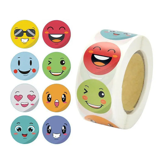 Round Cartoon Smile Face Pattern Sticker, 500pcs/roll Sealing Sticker, Decorative Stickers for Gift Greeting Card Water Bottle Laptop Phone