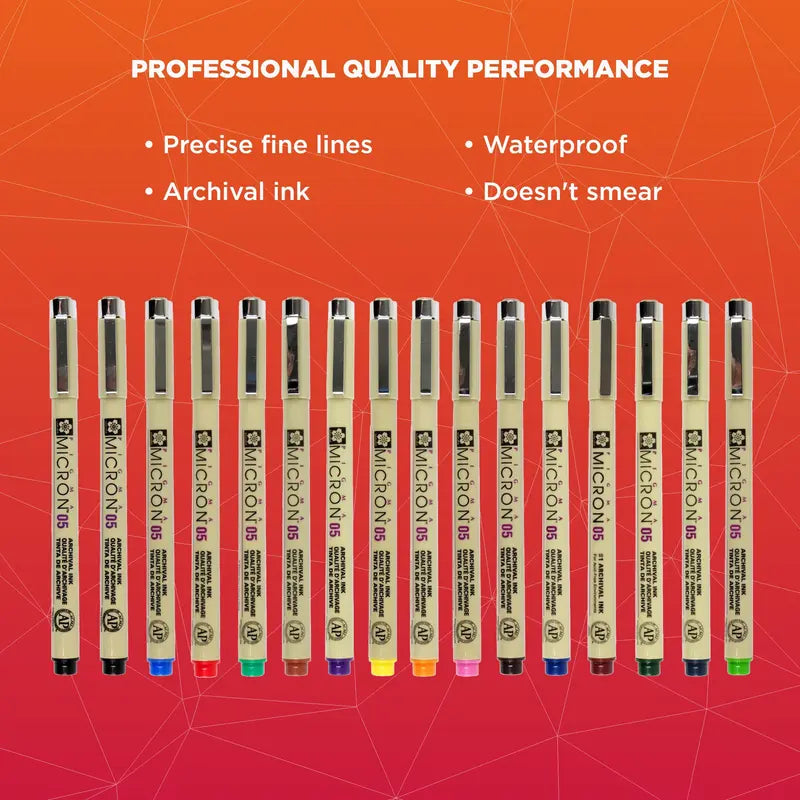 SAKURA Pigma Micron Fineliner Pen Set - 16-Pack Japanese Office Stationery, Archival Fade Resistant Permanent Mark Technical Pens for Watercolorists, Black 05 Fine Tip Art Drawing & Office Writing Needs