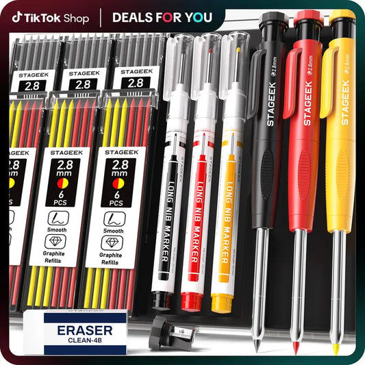 STAGEEK 3-Pack Heavy Duty Mechanical Drawing Pencils (45mm Tip Design) - 2.8mm Refills, Sharpener, Case, Durable Marking Tool for Architects, Marks Glass/Metal/Plastic, Stationery Supplies for Back to School Haul, School Supplies Haul