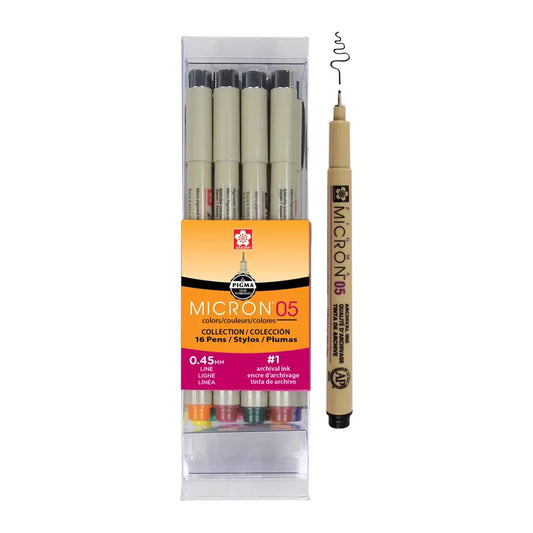 SAKURA Pigma Micron Fineliner Pen Set - 16-Pack Japanese Office Stationery, Archival Fade Resistant Permanent Mark Technical Pens for Watercolorists, Black 05 Fine Tip Art Drawing & Office Writing Needs