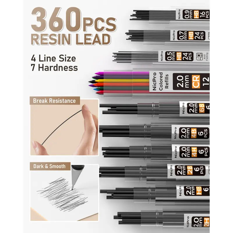 Nicpro Art Drafting Pencils Set, Multi-Size Metal Pencils (0.5/0.7/0.9) & 3-Pack 2mm Lead Holder with 11 Tube 2mm Graphite (6B/4B/2B/HB/2H/4H) Sketching Tool, Lead Refill Kit & Case