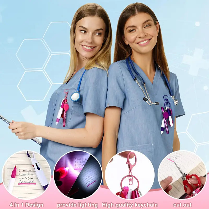 Nurse Pen Set - 2 Sets Zinc Alloy Retractable Ballpoint Pens, Permanent Markers, Highlighters, Compact Foldable Scissors, Badge Reel Holder Clips, Keychain Clips - Healthcare Pros Multi-Tool Pack Office Stationery, Thoughtful Gift, Graduations, Adults, Of