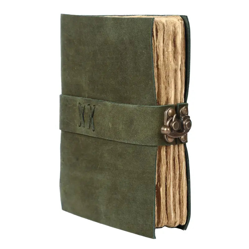 Handcrafted Dark Green Vintage Leather Journal with Lock – 200 Pages Deckle Edge Paper