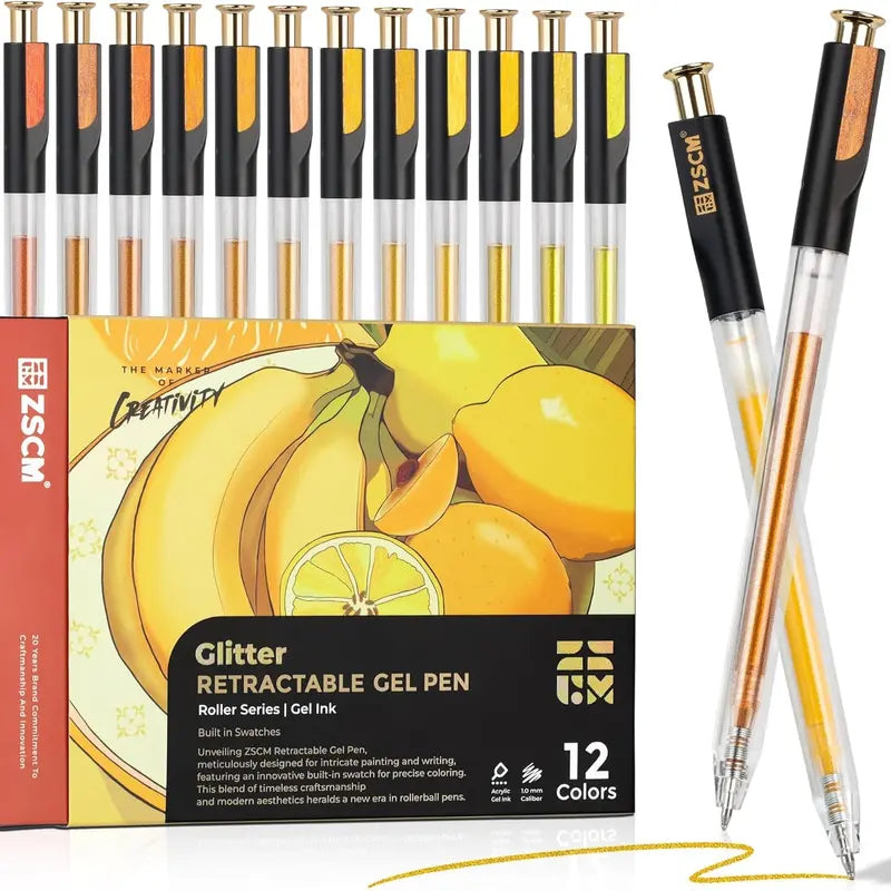 ZSCM Retractable Glitter Gel Pens, 12-Color Large Capacity with Skin Tone Metallic Glitter Ink, 1mm Fine Point, Smooth Stroke, Convenient Storage, Adult Art Supplies with Retractable Design Suitable for Coloring and Writing