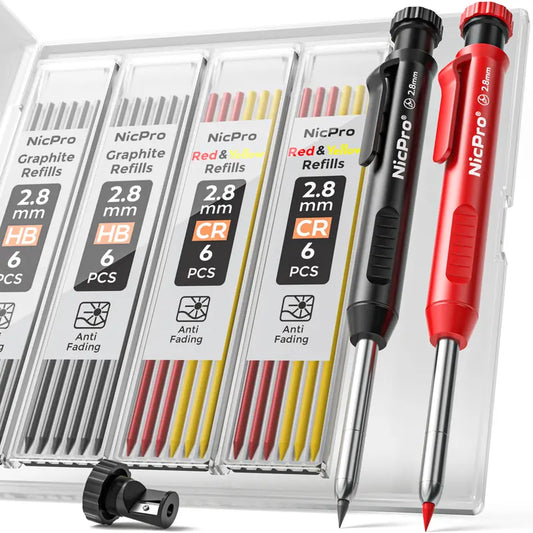 Nicpro Mechanical Pencil Set with Sharpener, 26 Refills Incl., Deep Hole Tip Marker, Heavy Duty Carpenter Pencils for Construction (Black, Red) - With Case