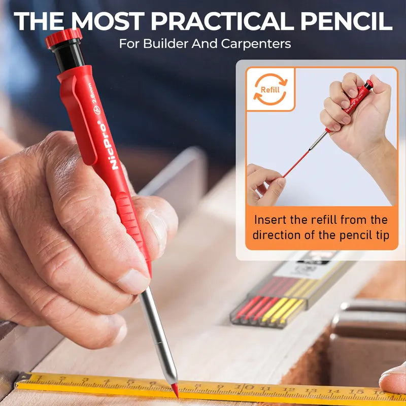 Nicpro Mechanical Pencil Set with Sharpener, 26 Refills Incl., Deep Hole Tip Marker, Heavy Duty Carpenter Pencils for Construction (Black, Red) - With Case