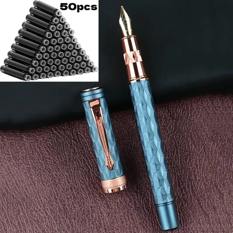 51-Piece Fountain Pen Kit, Office Stationery Supplies - 0.5mm Hand-Polished Tip Pens for Work, 50 Ink Cartridges, Stainless Steel Engraved Barrel, Gold-Plated Clip, Electroplating Finish, for Students, Calligraphy, Thanksgiving Father’s Day Gifts