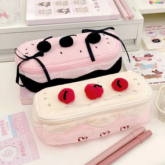 Kawaii Style Plush Pencil Case - Cute Fluffy Cherry Cake-Shaped, Plush Material, Soft Fabric, Soft and Lovely, Pom Pom Decor, Lightweight Large-Capacity Dual-Use Organizer for Teen Girls (14+ Years) to Hold Pens, School Supplies, Cosmetics