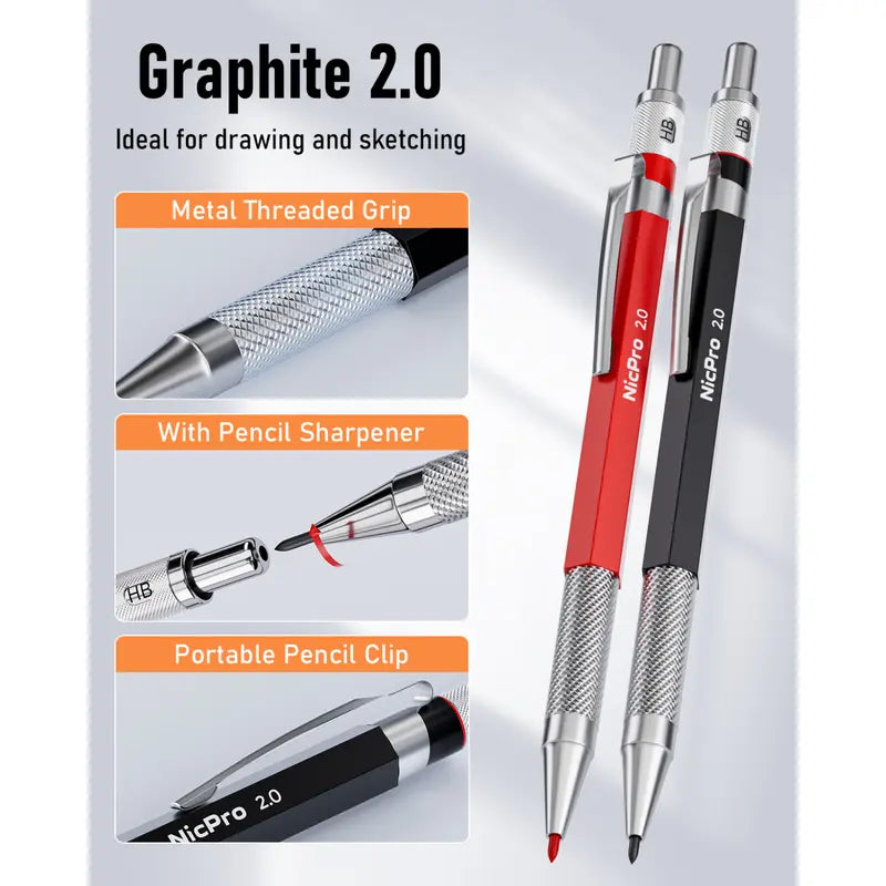 Nicpro 6+40 Pieces Mechanical Pencils Refill Kit - Heavy Duty Portable Pencils Set with Sharpener, Automatic Center Punch, Carbide Scribe Tool & Case for Architects