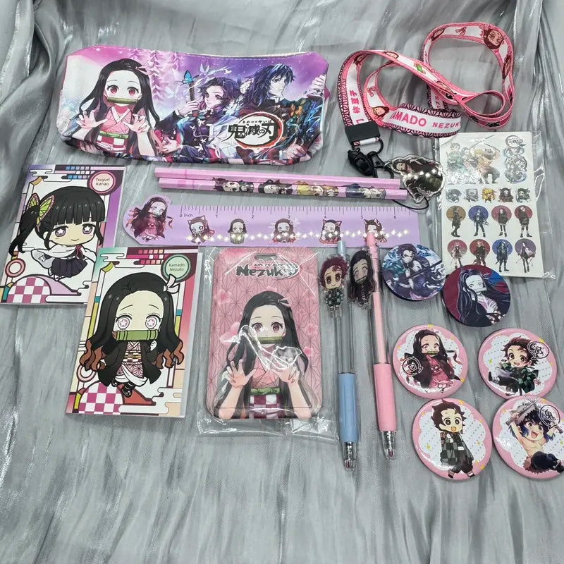 Demon Slayer Anime Cute Pencil Pouch Stationery Kit - 20pcs Pink Study Supplies, Aesthetic School Character Art Print Cartoon Zipper Bag (Luggage & Bag Accessories)