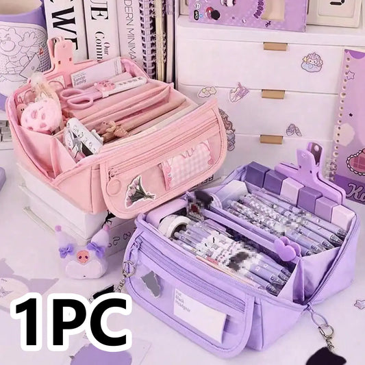 [Large-capacity Multi-functional Pencil Case] Three-layer Simple Large-capacity Pencil Case Stationery Box Version Of Junior High School Students High School Students Multi-functional Pencil Bag Study Tool Office Supplies