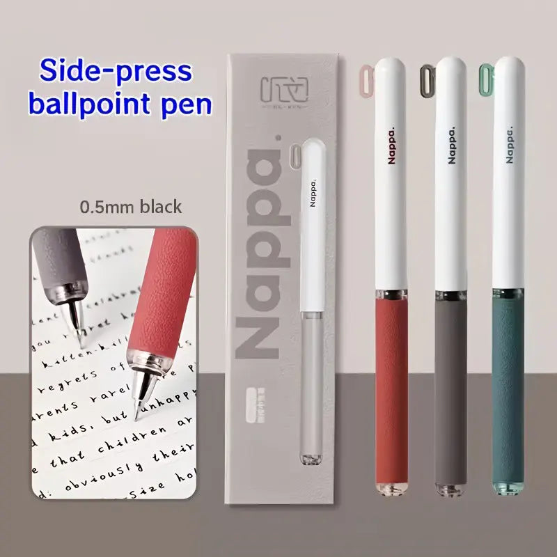 3-Piece High‑end Imitation Nappa Side‑Click Gel Pen Set, 0.5mm Black Ink, Comfortable Grip, Smooth Writing, Quick‑drying Ink, Stylish Vintage Aesthetic, Ideal for Students, Office Use, Writing Stationery