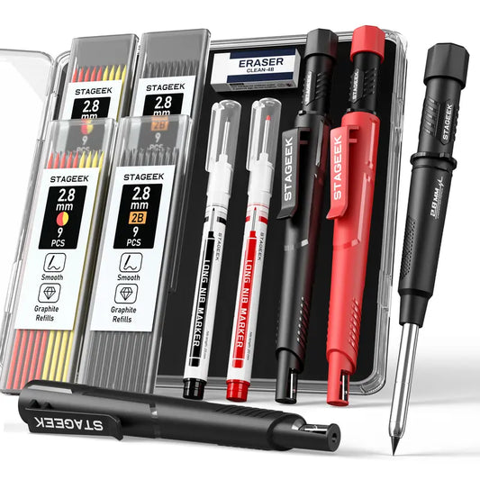 (Father's Day Gift) STAGEEK Mechanical Pencils Set - 4-Pack 2.8 mm Diameter Carpenter Pencils with Sharpener Built, 76 5-Color Refills, 45mm Precision Long Nib Markers, Durable Technical Drawing Supplies for Carpentry Woodworking Projects