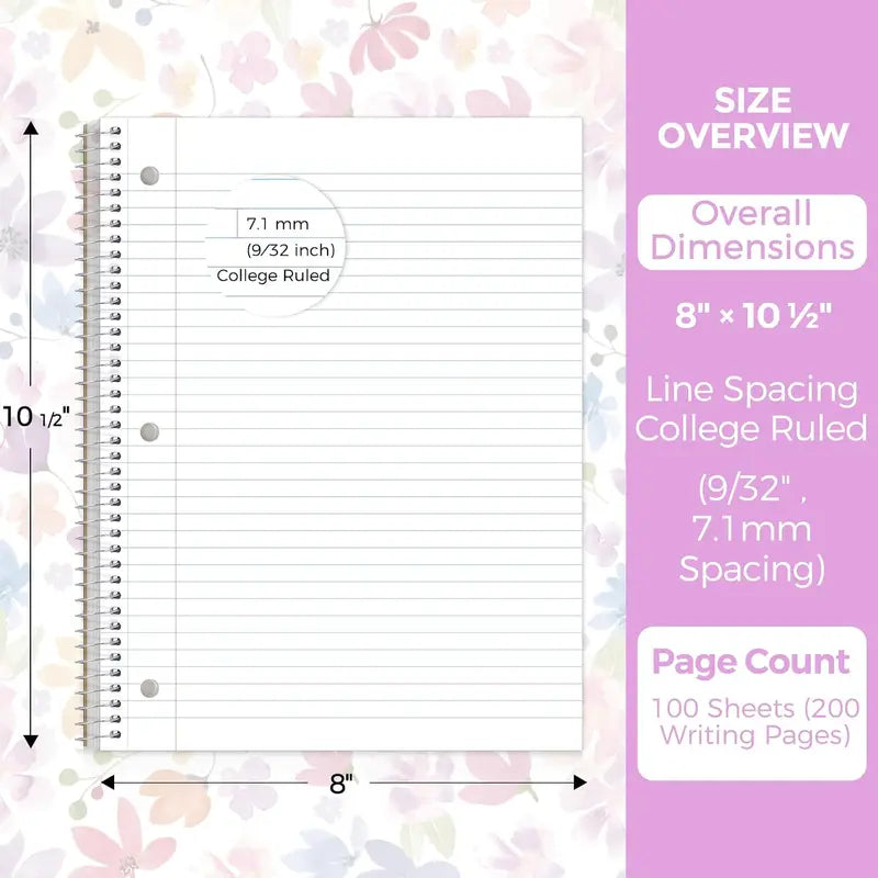8"x10.5" Spiral Notebook - College Ruled 100 Sheets, 1 Subject Notebook for School & Office, 3-Hole Punched Paper, Floral Design
