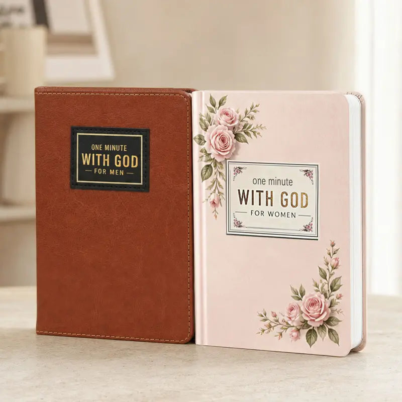 Brown Faux Leather 1-Minute With God Devotional Journal Set - 365 Devotions, Compact, Christian Prayer & Reflection Notebook, Inspire Your Mornings, Daily Guidance, Christmas Holiday Birthday Gift for Men & Women