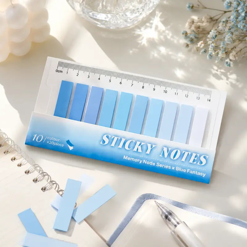 Blue Fantasy Gradient Index Sticky Tabs, 10 Pastel Blue Shades 200 Sheets Page Marker Sticky Notes with Ruler Cover, Aesthetic Transparent Index Labels for Book Annotating School Journal Planner Supplies
