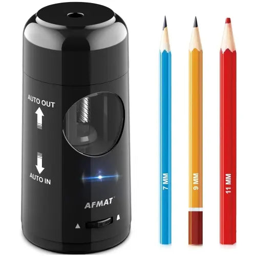AFMAT Compact Fully Automatic Electric Pencil Sharpener - 2000mAh Rechargeable, USB-C, 3 Modes, Hands-Free Auto In-Out, 5V 2A, Adjustable Sharpness, Kid-Safe Design, Fits 7-11.5mm Jumbo/Mechanical Pencils, Office Stationery for Teachers