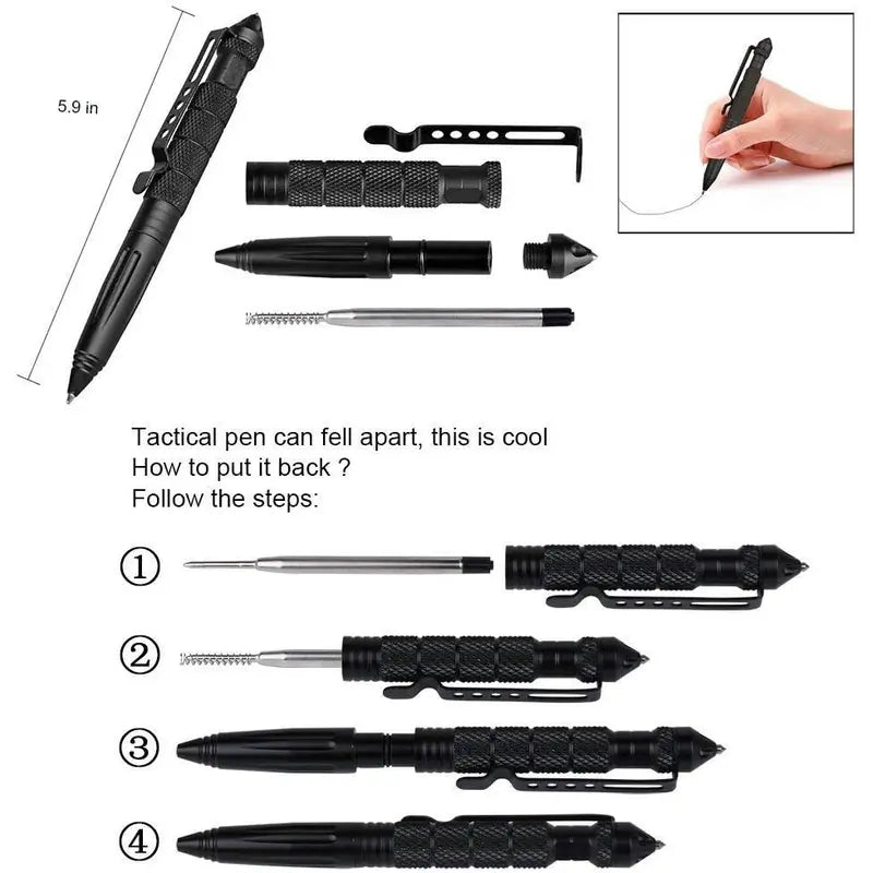 Multi-Functional Emergency Specialty Replaceable Ink Pen - Tungsten Steel Tip, Tungsten Cap, Aerospace-Grade Aluminum Body, Discreet Threaded Grip Feels Secure, 6 Stainless Refills, Gift-Packaged Office Stationery for Professionals, Outdoor Use