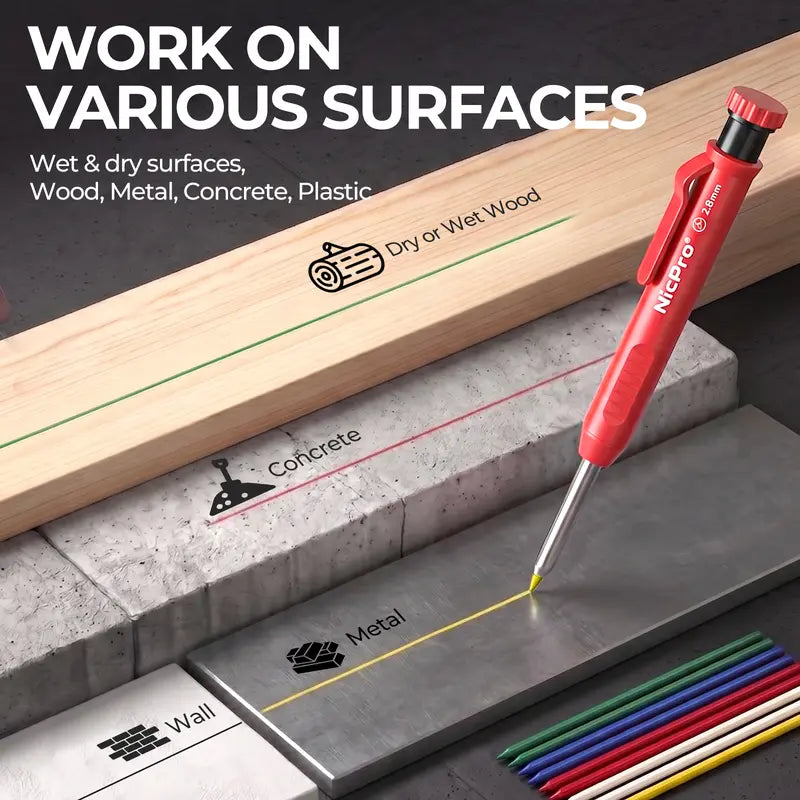 Nicpro Mechanical Pencil Set with Sharpener, 26 Refills Incl., Deep Hole Tip Marker, Heavy Duty Carpenter Pencils for Construction (Black, Red) - With Case