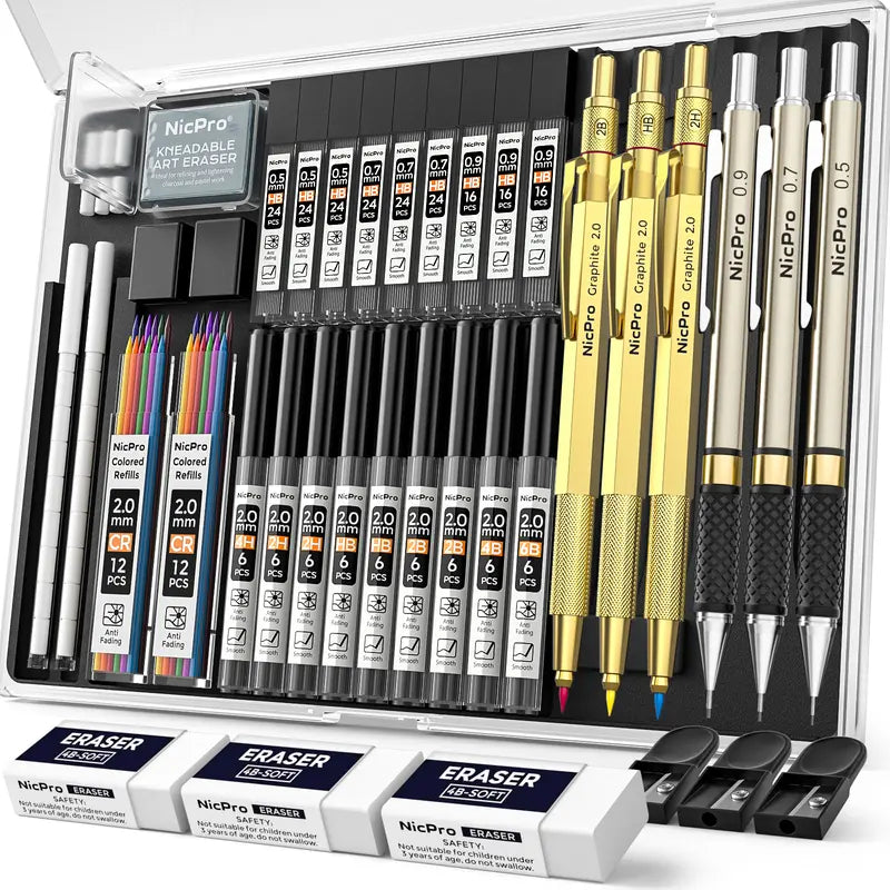 Nicpro Art Drafting Pencils Set, Multi-Size Metal Pencils (0.5/0.7/0.9) & 3-Pack 2mm Lead Holder with 11 Tube 2mm Graphite (6B/4B/2B/HB/2H/4H) Sketching Tool, Lead Refill Kit & Case