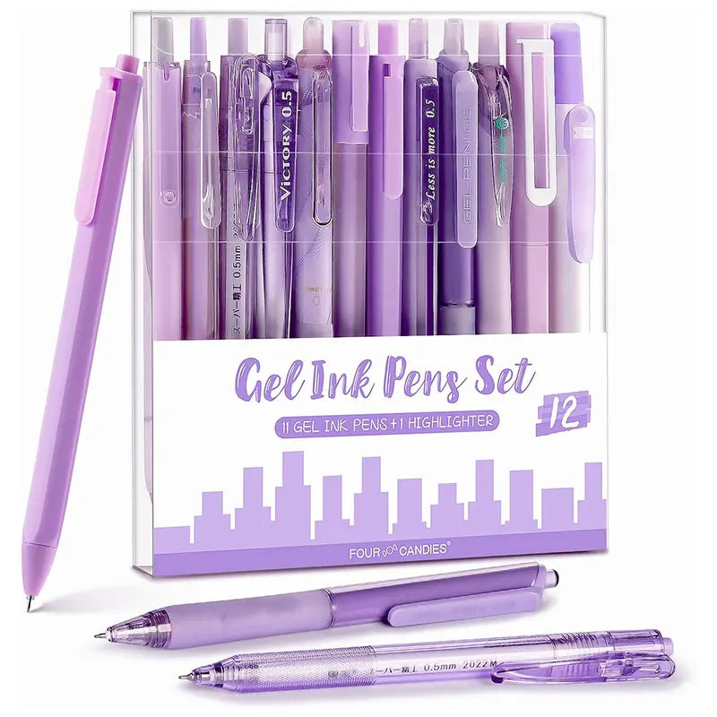 Four Candies Gel Ink Pen Set,14PCS Pen Set with Case, Cute Note Taking 0.5mm Fine Point Retractable 12PCS Black Ink Pens with 2 Highlighter for School, Note Taking,Writing, Office Supplies, girly office supplie,journaling supplies  Pastel Markers Portable