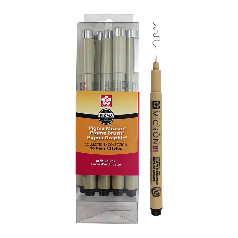 SAKURA Pigma Micron Fineliner Pen Set - 16-Pack Japanese Office Stationery, Archival Fade Resistant Permanent Mark Technical Pens for Watercolorists, Black 05 Fine Tip Art Drawing & Office Writing Needs