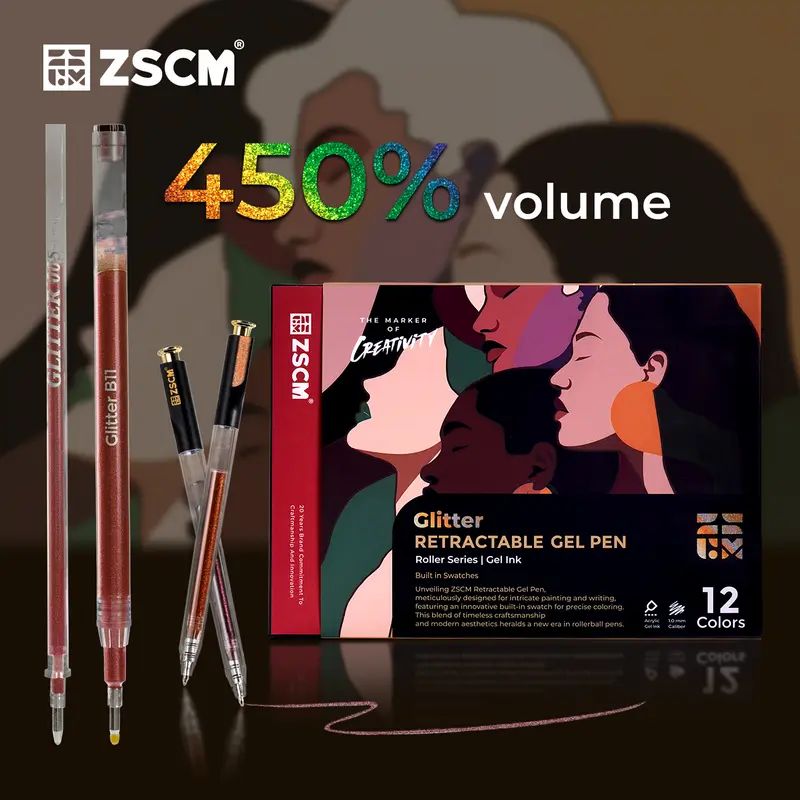 ZSCM Retractable Glitter Gel Pens, 12-Color Large Capacity with Skin Tone Metallic Glitter Ink, 1mm Fine Point, Smooth Stroke, Convenient Storage, Adult Art Supplies with Retractable Design Suitable for Coloring and Writing