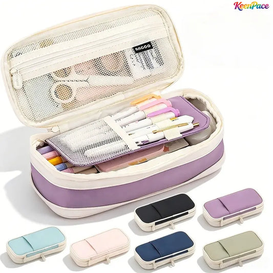 Unisex Large Capacity Double-Layer Expandable Pencil Case - Dirt-Resistant, Durable, Simple Aesthetic Stationery/Makeup Organizer for Students - Office Supplies, Back to School, School Supplies Portable Storage Bag, Wear-Resist Fab