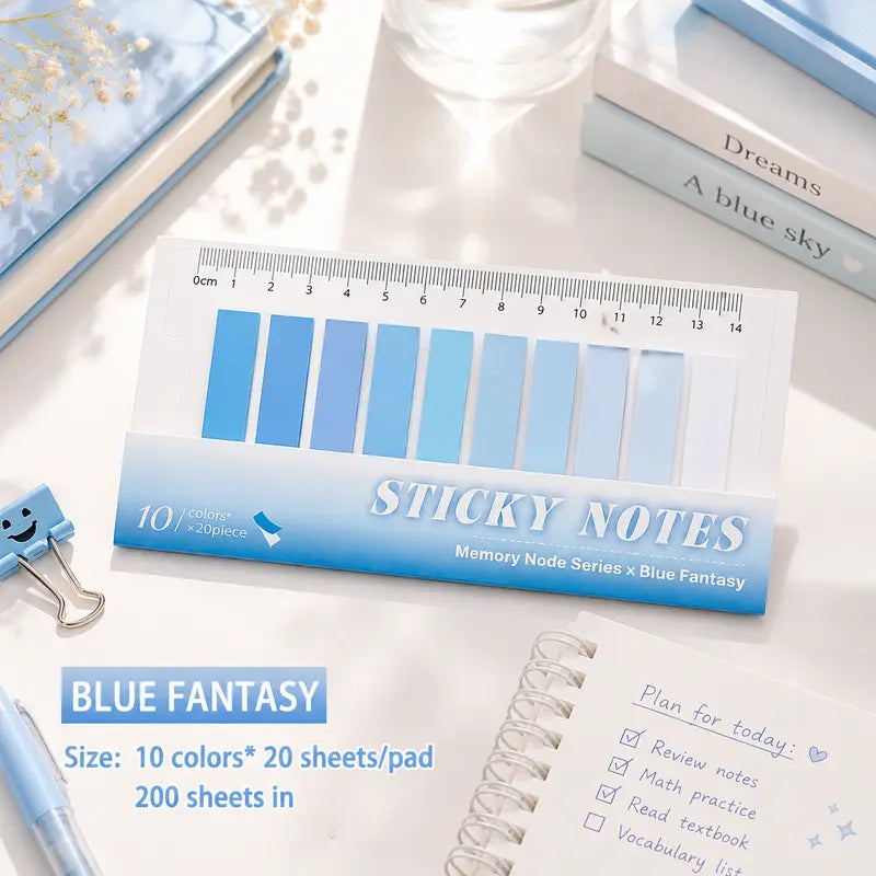 Blue Fantasy Gradient Index Sticky Tabs, 10 Pastel Blue Shades 200 Sheets Page Marker Sticky Notes with Ruler Cover, Aesthetic Transparent Index Labels for Book Annotating School Journal Planner Supplies