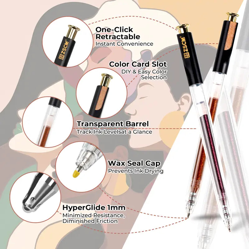 ZSCM Retractable Glitter Gel Pens, 12-Color Large Capacity with Skin Tone Metallic Glitter Ink, 1mm Fine Point, Smooth Stroke, Convenient Storage, Adult Art Supplies with Retractable Design Suitable for Coloring and Writing