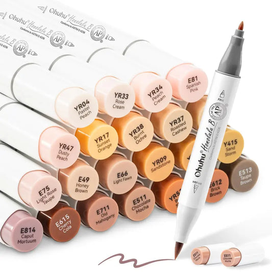 Ohuhu Alcohol Markers: Brush & Fine - 24 Skin-Tone Colors - Portrait Tones for Beginner Artists' Drawing & Painting - Refillable Markers with Alcohol Ink, AP Certified, Replacement Brush Tips, Honolulu B Series of Ohuhu