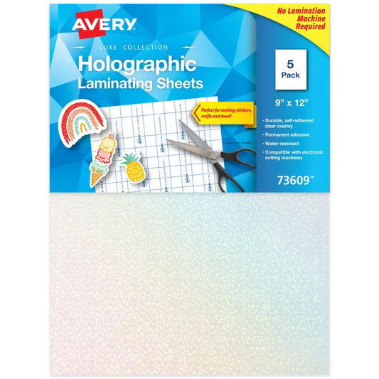 Avery Luxe Collection Holographic Laminating Sheets, Speckled Dots Design, 9" x 12", Self-Adhesive, 5 Holographic Laminate Sheets Total (73609)