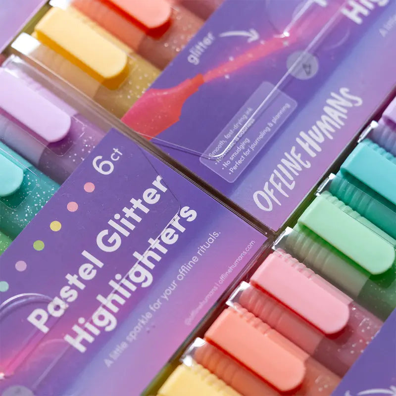 Pastel Glitter Highlighters 6-Piece Set with Soft Shimmer & Fast-Drying Ink for Journaling & Planning