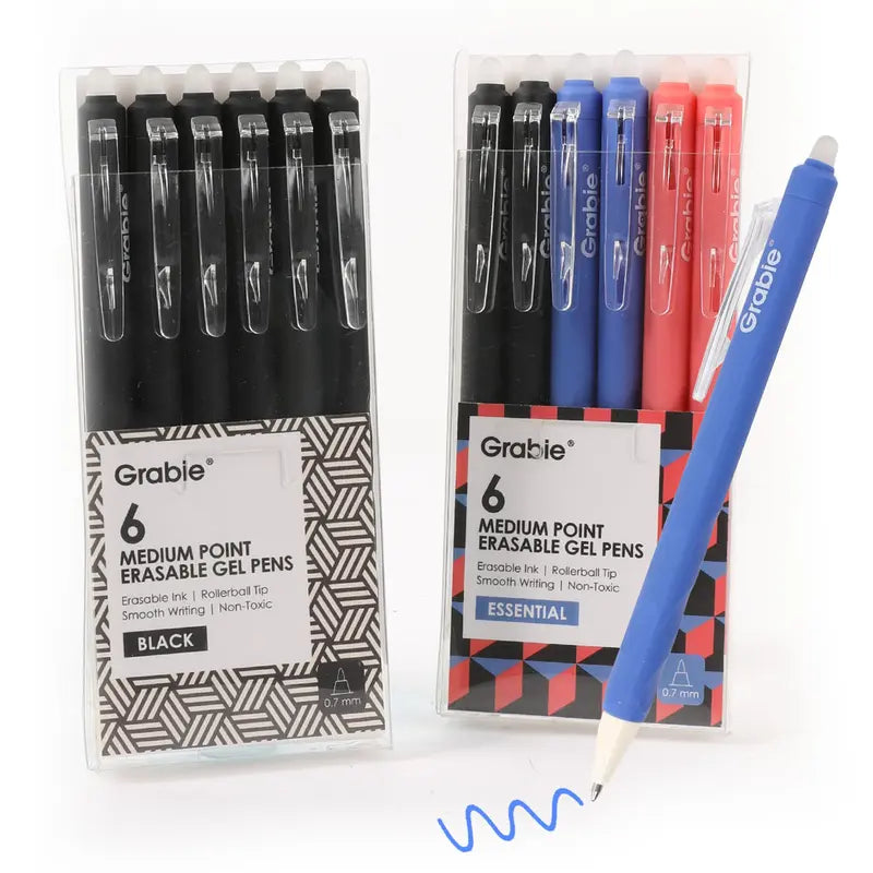 Grabie Medium Point Retractable Erasable Gel Pen Set (6-Pack) - Back to School, Reusable Ink Pens for College & Elegant Students, Note Taking Tools, Reusable Pen, Class Reward Gift Idea, School Supplies