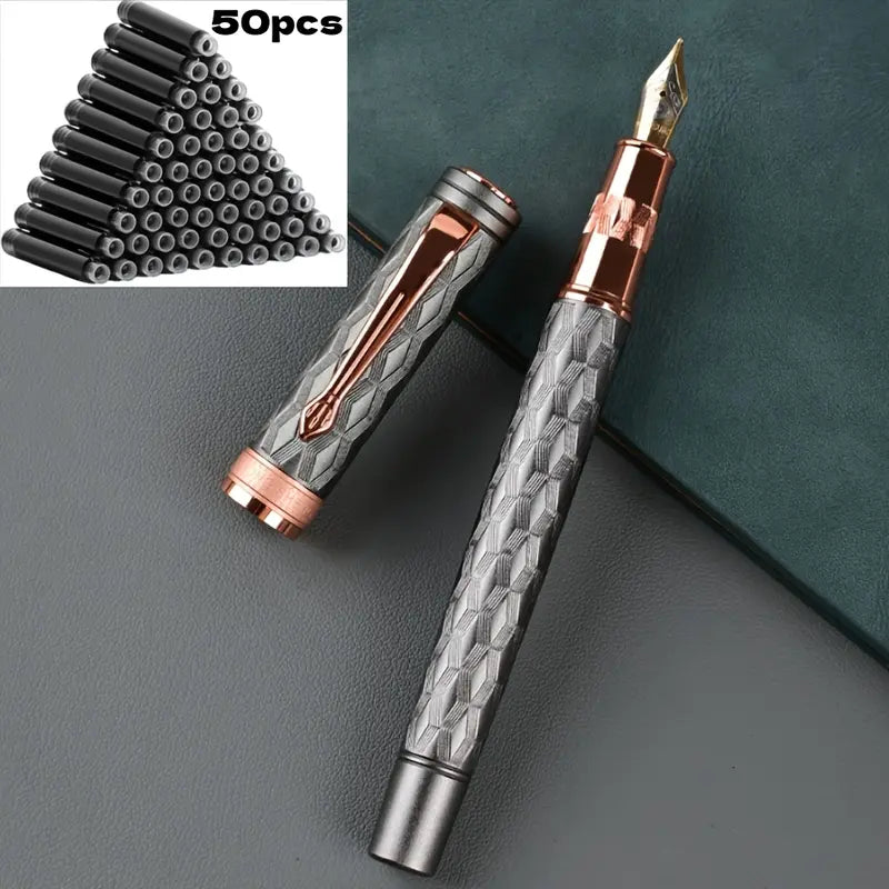51-Piece Fountain Pen Kit, Office Stationery Supplies - 0.5mm Hand-Polished Tip Pens for Work, 50 Ink Cartridges, Stainless Steel Engraved Barrel, Gold-Plated Clip, Electroplating Finish, for Students, Calligraphy, Thanksgiving Father’s Day Gifts