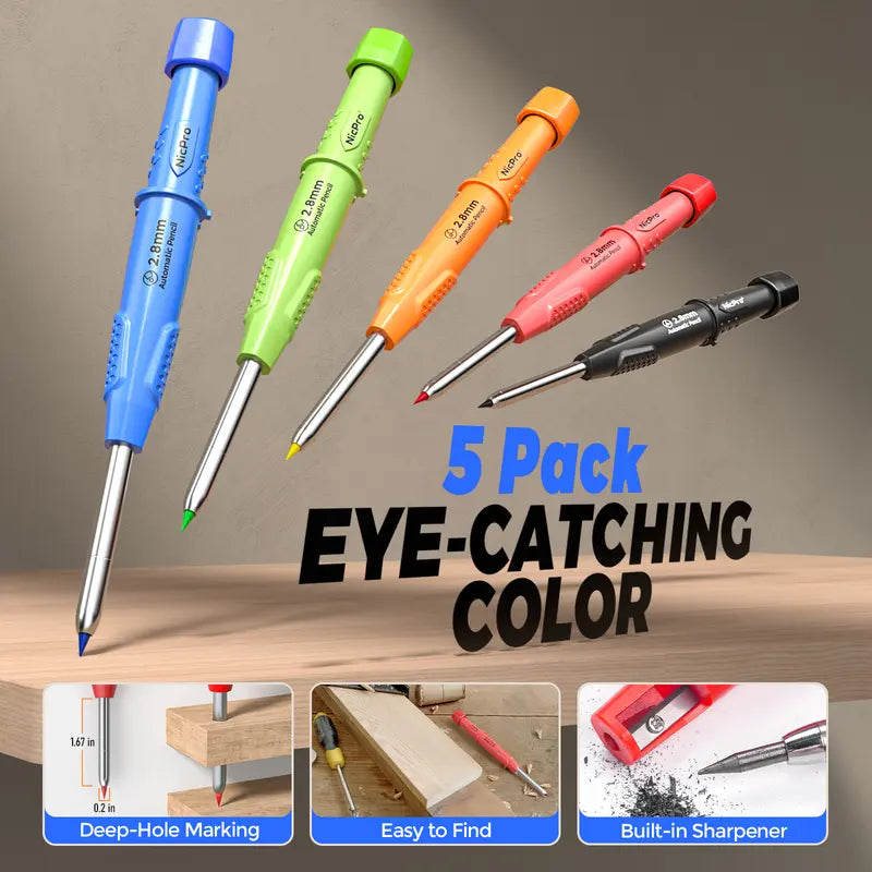 Nicpro CP3000 Series Mechanical Carpenter Pencil Set - 2.0mm, Sharpener, Refills, Deep Hole Long Tip Markers, Carbide Scriber (Marks Glass & Metal), Office Stationery, Drawing Supplies for Handyman Woodworking Precise Marking