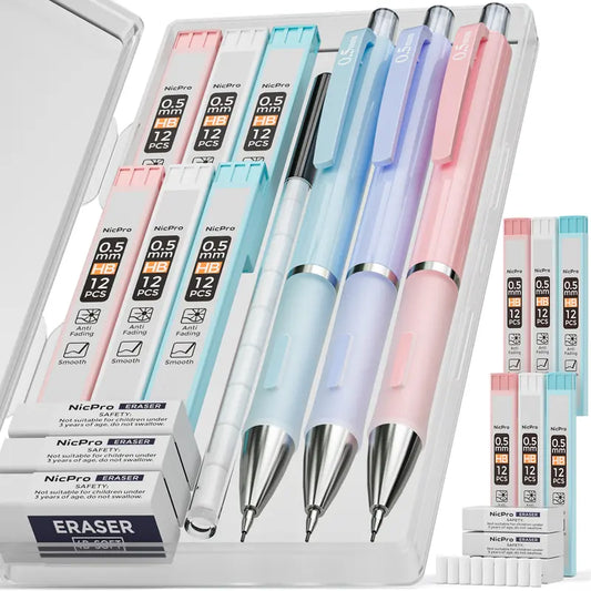 Nicpro Aesthetic Eraser Pen Pencils Assortment Set - Refillable Mechanical Drawing Tools, Flexible Grip, Pastel Case, HB Leads, 3 Units, 9 Refills (Blue,Pink,Violet), Art Materials - First Day of School, School Supplies Haul Office Stationery