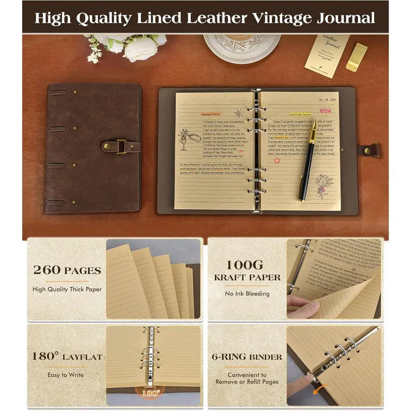 Leather Journal Notebook, A5 Size 6.9 x 9 inches 260 Pages Refillable  Travel Notebook with  Box, 100 GSM Thick Lined Paper Journal Writing Diary Note Taking for Men and Women - Brown