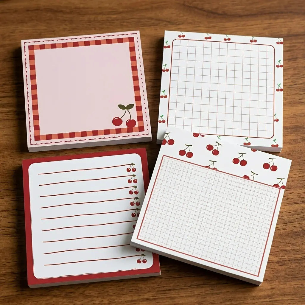 Cherry Themed Sticky Notes, Thick Material and Removable, 4 Packs/set, 200 Sheets Total, Ideal for Planning, Work, Daily Memos, Multiple Uses, Office Supplies