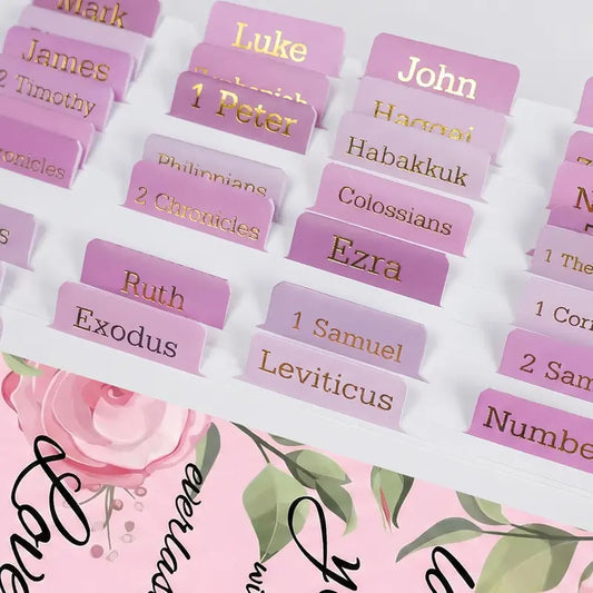 Women's Pink Catholic Bible Index Tabs - Gold Foil Embossed Text, Large Print, Laminated, High Readability, Practical Addition for Organizing Your Bible, Devotionals, Study Sessions, All Seasons