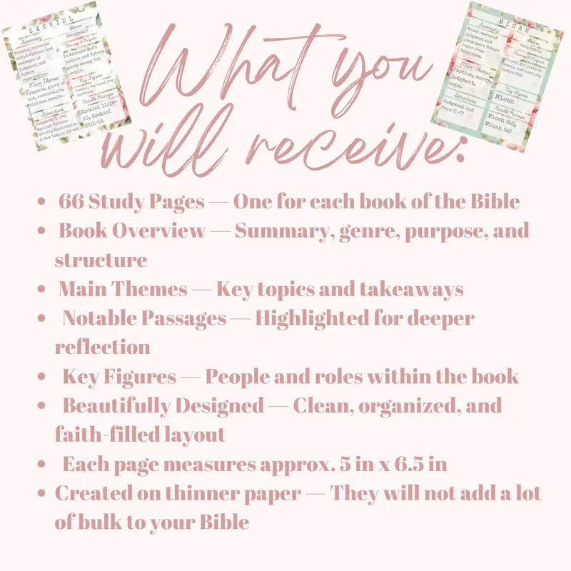 66 Books of the Bible Summary Tip-In Sheets (Printed) | Rose Tea Garden Collection | Aesthetic Bible Study Inserts