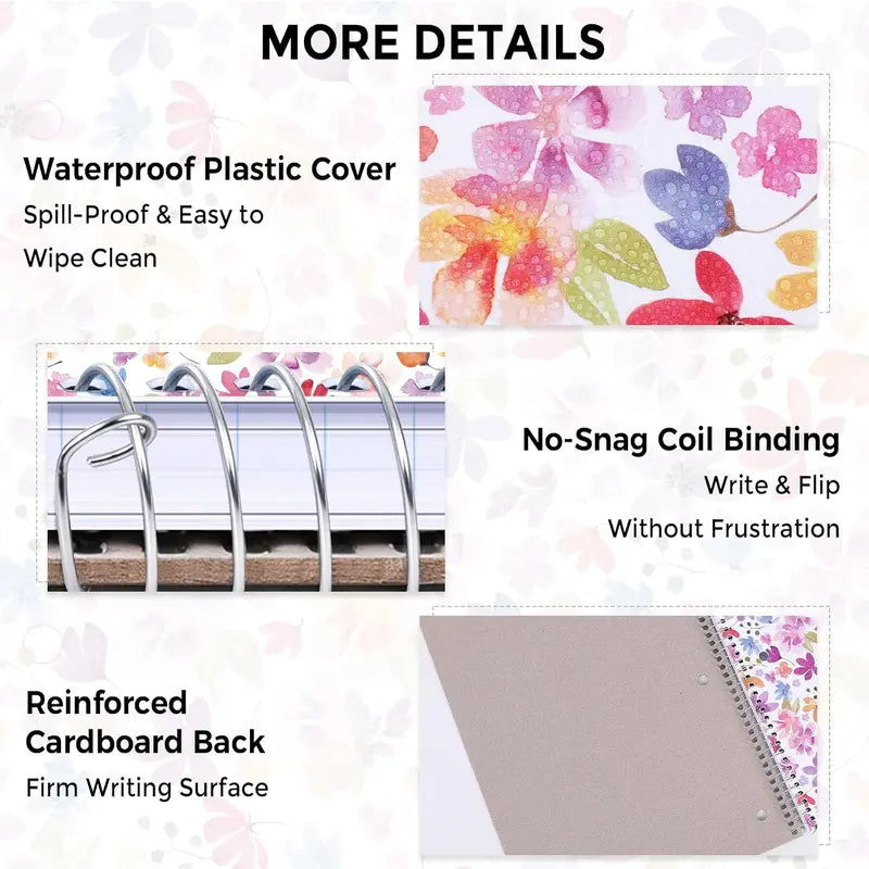 8"x10.5" Spiral Notebook - College Ruled 100 Sheets, 1 Subject Notebook for School & Office, 3-Hole Punched Paper, Floral Design
