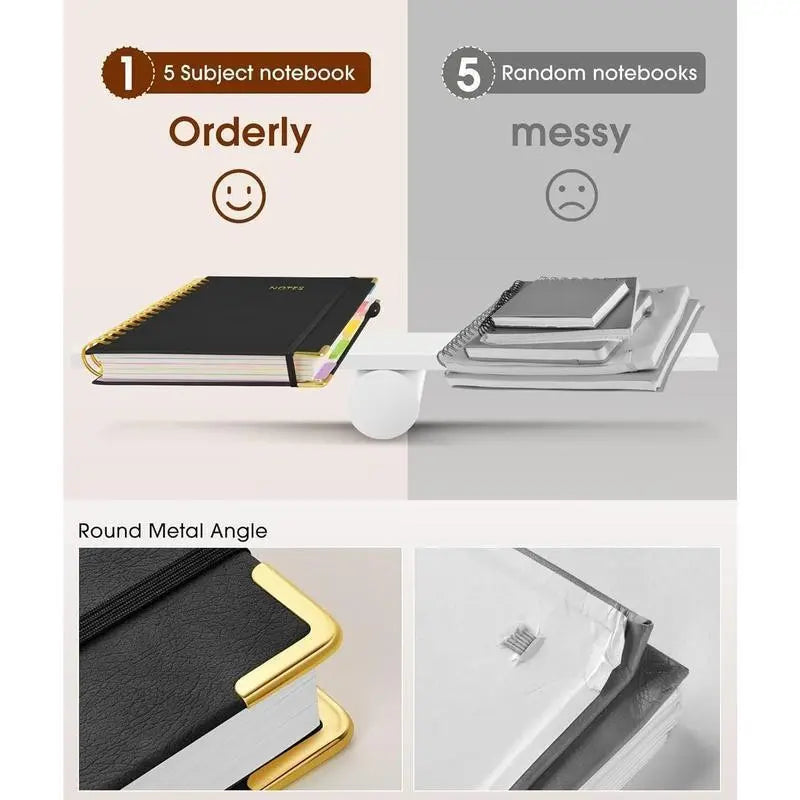 Hardcover Spiral Notebook with Removable Dividers Tabs, 300 Pages Leather 5-Subject 8 x 10-Inch Large Format Notebook for Work, School, Note-Taking, Travel Diary, Study Notebook Spiral Journal Hardcover Notebooks Stationery
