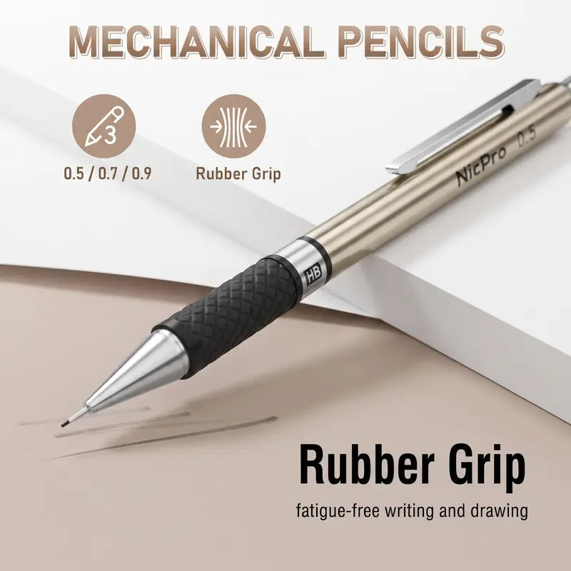 Nicpro Art Drafting Pencils Set, Multi-Size Metal Pencils (0.5/0.7/0.9) & 3-Pack 2mm Lead Holder with 11 Tube 2mm Graphite (6B/4B/2B/HB/2H/4H) Sketching Tool, Lead Refill Kit & Case