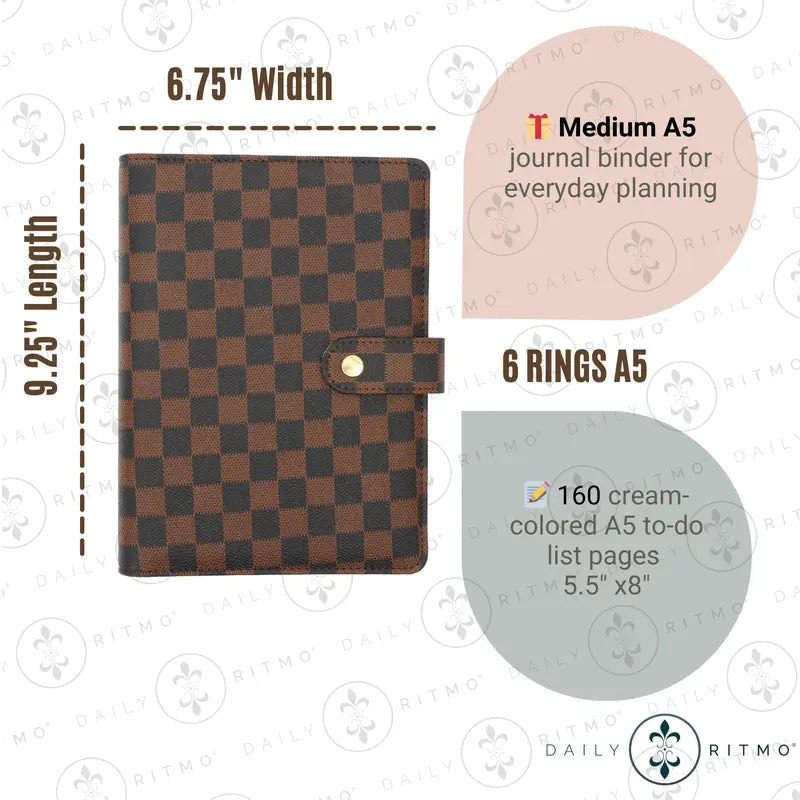 DAILY RITMO A5 Checkered PU Leather Cover 6-Ring Binder - 160-Page 26lb 7"x9" Daily To-Do List Notepad, Easy Care Work Organizer, Planner Accessories, Office Stationery Binder