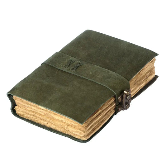 Handcrafted Dark Green Vintage Leather Journal with Lock – 200 Pages Deckle Edge Paper