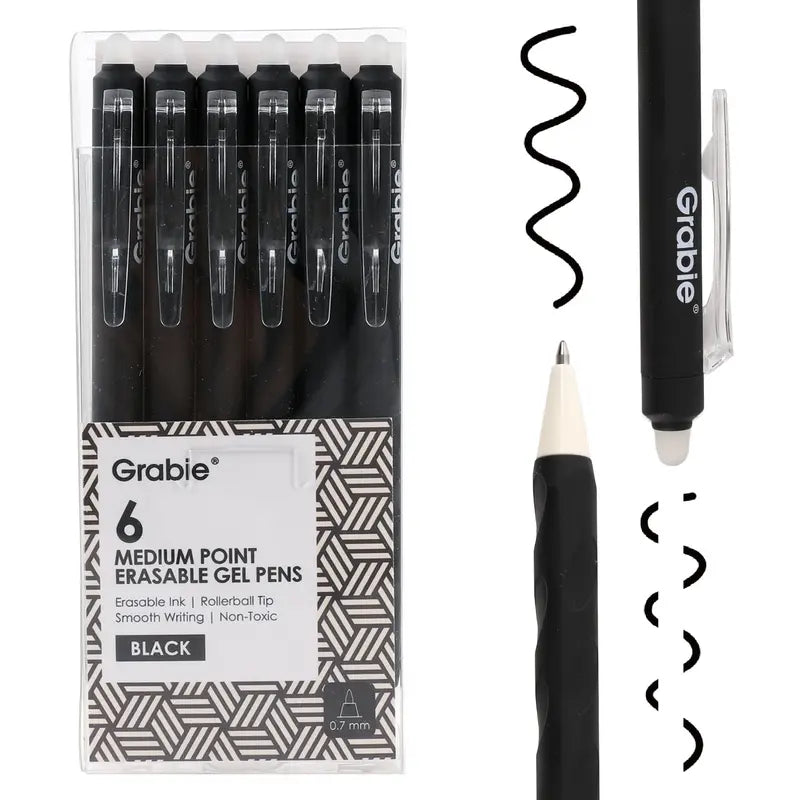 Grabie Medium Point Retractable Erasable Gel Pen Set (6-Pack) - Back to School, Reusable Ink Pens for College & Elegant Students, Note Taking Tools, Reusable Pen, Class Reward Gift Idea, School Supplies